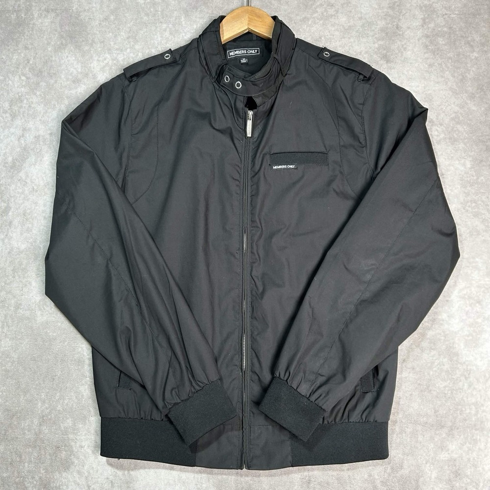 Members Only Men's Black Bomber Jacket Full Zip Stand-Up Collar Logo Size M